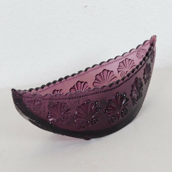 Amethyst Pressed Glass Console Bowl Half Moon Shell Scroll Starburst Vintage - Picture 2 of 8